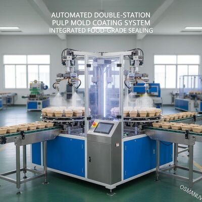 Hệ thống tráng phủ khuôn bột tự động hai trạm để niêm phong cấp thực phẩm tích hợp cho bao bì bột mía và bột rơm