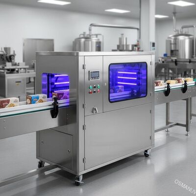 Đường hầm vận chuyển tia UV-C hiệu quả cao để vô trùng liên tục bề mặt thực phẩm.